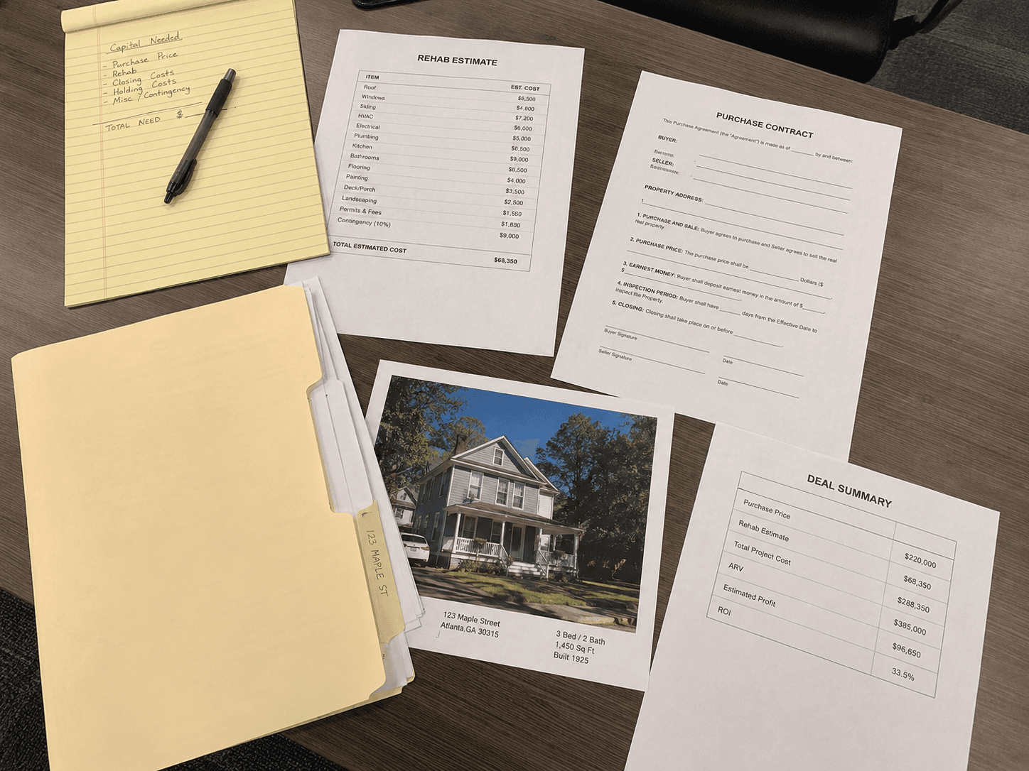 Real estate deal documents on a desk